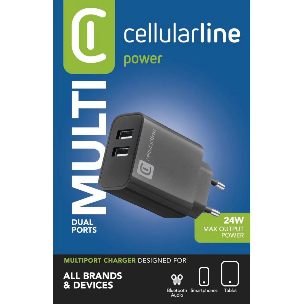 Cellularline USB-A lader 220V m/2 porter 12W + 12W